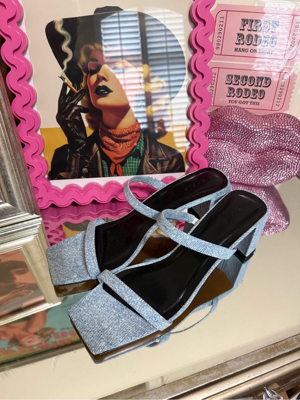BY FAR Light Blue Denim Strappy Block Heel Sandals